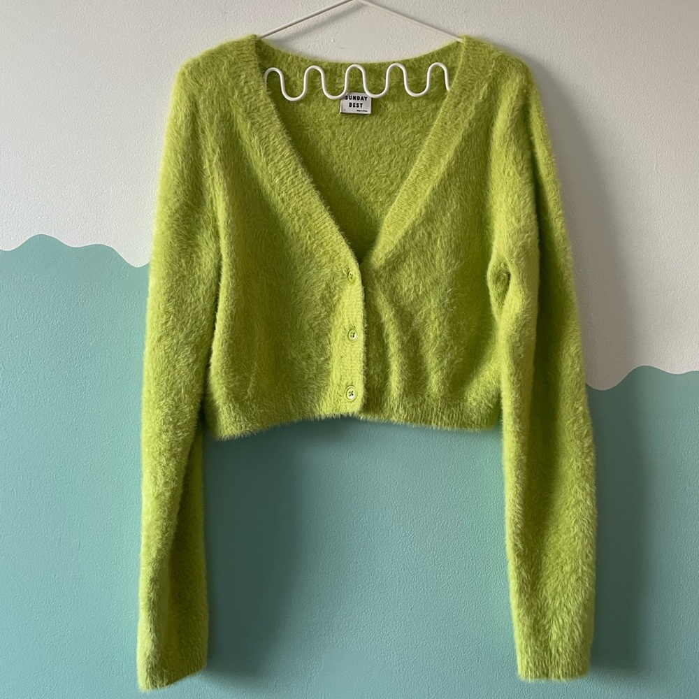 Aritzia Sunday Best fuzzy cropped brat green lime cardigan